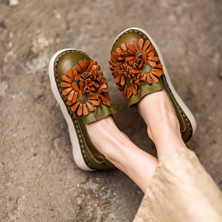 Mocassins à Plateforme en Cuir Floral pour Femmes, Chaussures Décontractées en Vert/Orange