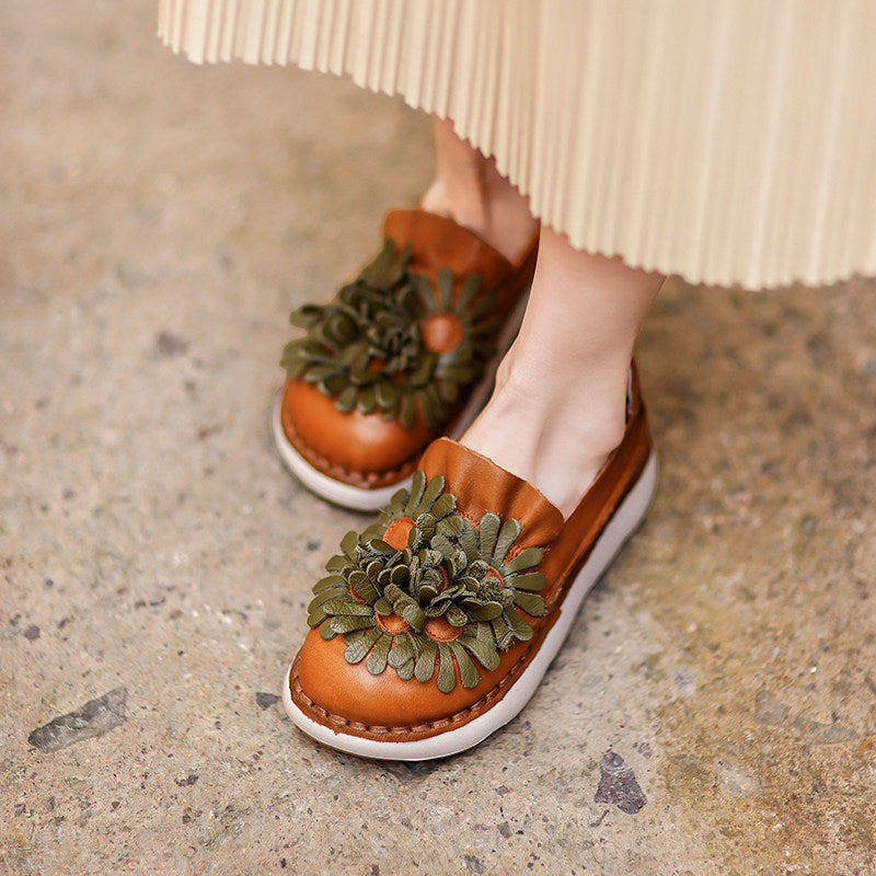 Mocassins à Plateforme en Cuir Floral pour Femmes, Chaussures Décontractées en Vert/Orange