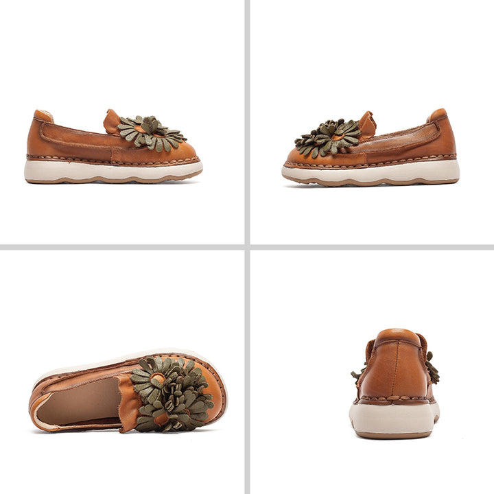 Mocassins à Plateforme en Cuir Floral pour Femmes, Chaussures Décontractées en Vert/Orange