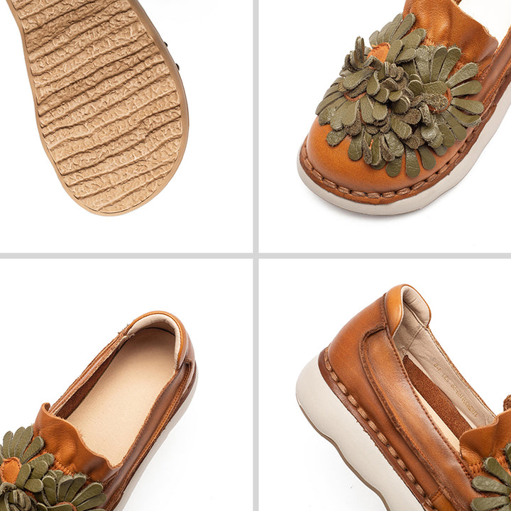 Mocassins à Plateforme en Cuir Floral pour Femmes, Chaussures Décontractées en Vert/Orange