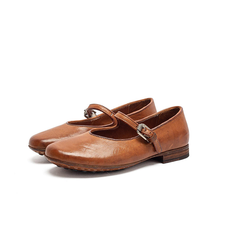 Chaussures Mary Jane en cuir de cheval faites à la main pour femmes en rouge/ambre