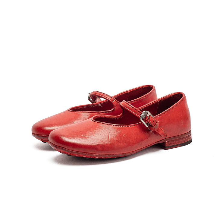 Chaussures Mary Jane en cuir de cheval faites à la main pour femmes en rouge/ambre