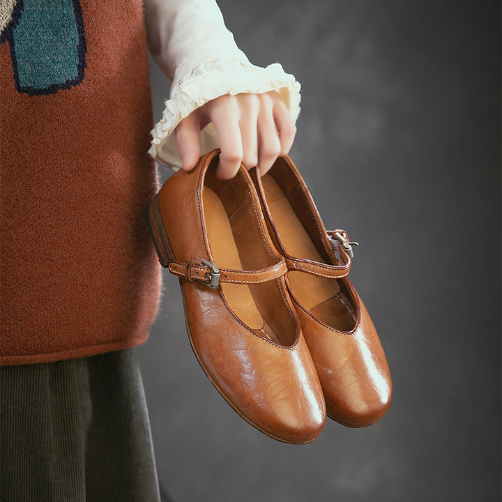 Chaussures Mary Jane en cuir de cheval faites à la main pour femmes en rouge/ambre