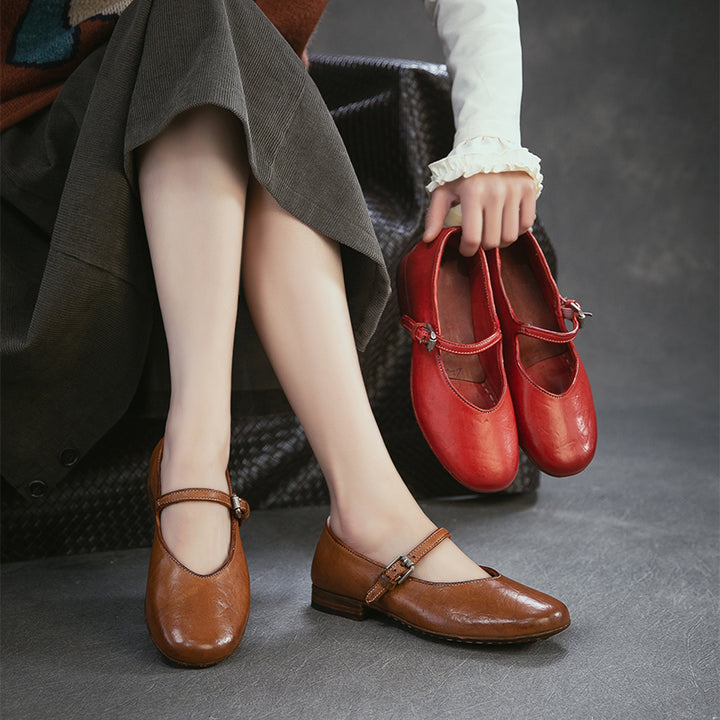Chaussures Mary Jane en cuir de cheval faites à la main pour femmes en rouge/ambre