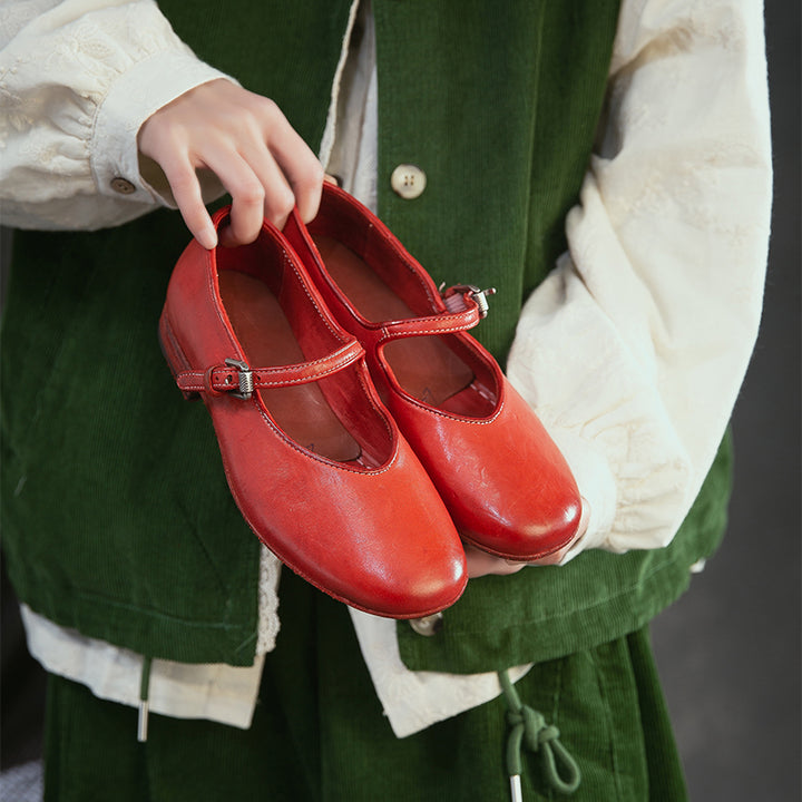 Chaussures Mary Jane en cuir de cheval faites à la main pour femmes en rouge/ambre