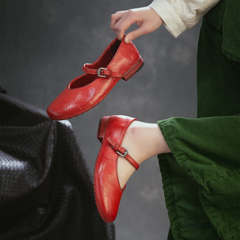 Chaussures Mary Jane en cuir de cheval faites à la main pour femmes en rouge/ambre