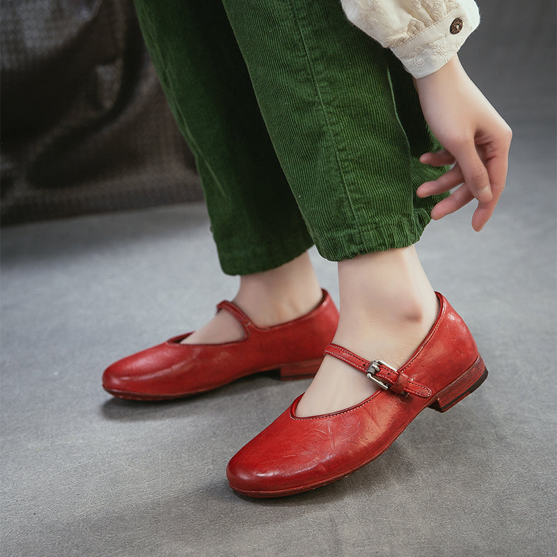 Chaussures Mary Jane en cuir de cheval faites à la main pour femmes en rouge/ambre