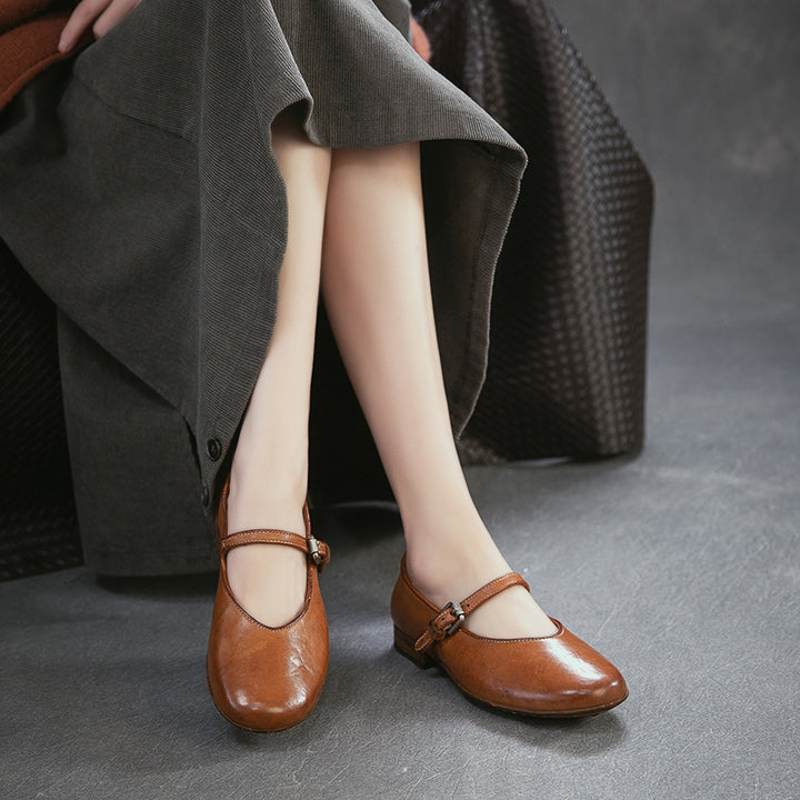 Chaussures Mary Jane en cuir de cheval faites à la main pour femmes en rouge/ambre