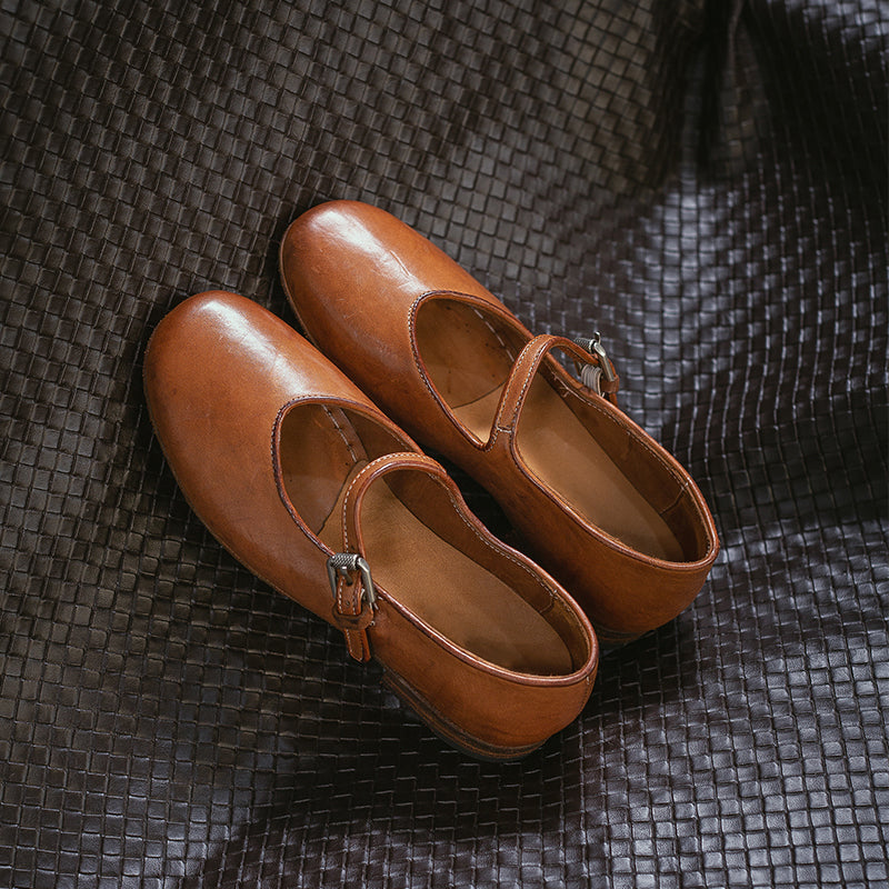 Chaussures Mary Jane en cuir de cheval faites à la main pour femmes en rouge/ambre