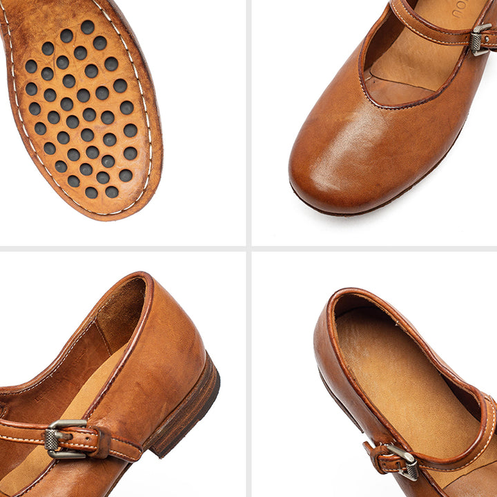 Chaussures Mary Jane en cuir de cheval faites à la main pour femmes en rouge/ambre