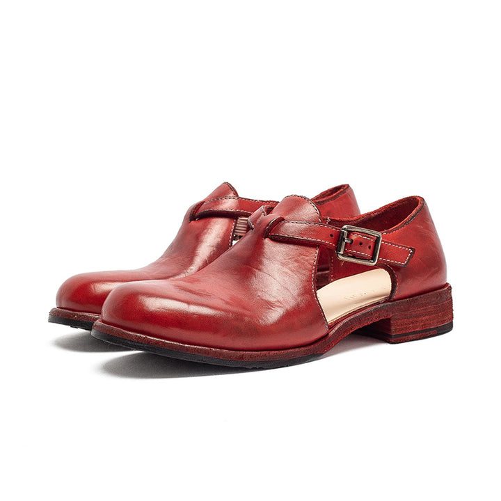 Sandales T-Strap Mary Jane en cuir de cheval faites à la main en ambre/rouge