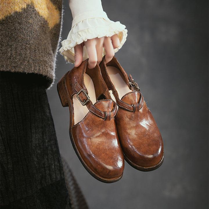 Sandales T-Strap Mary Jane en cuir de cheval faites à la main en ambre/rouge