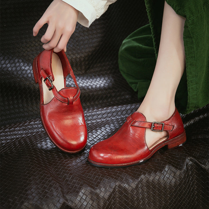 Sandales T-Strap Mary Jane en cuir de cheval faites à la main en ambre/rouge
