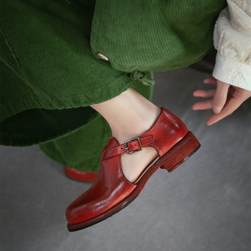 Sandales T-Strap Mary Jane en cuir de cheval faites à la main en ambre/rouge
