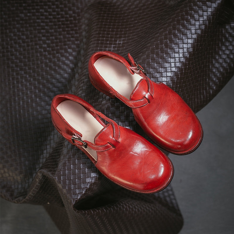 Sandales T-Strap Mary Jane en cuir de cheval faites à la main en ambre/rouge