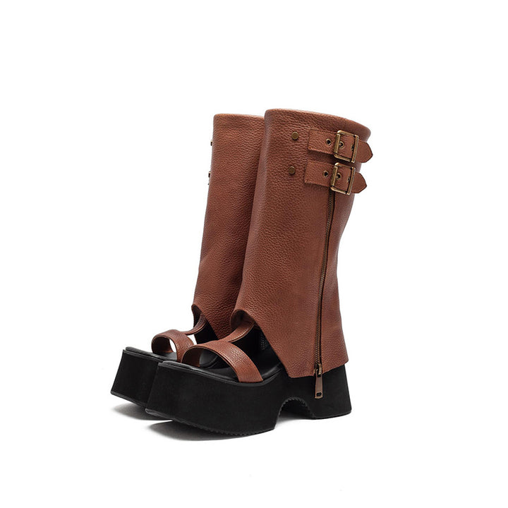 Sandales bottes gladiateur à plateforme pour femmes, bout ouvert, mi-mollet, avec boucle en noir/marron