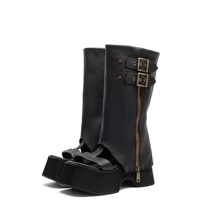 Sandales bottes gladiateur à plateforme pour femmes, bout ouvert, mi-mollet, avec boucle en noir/marron