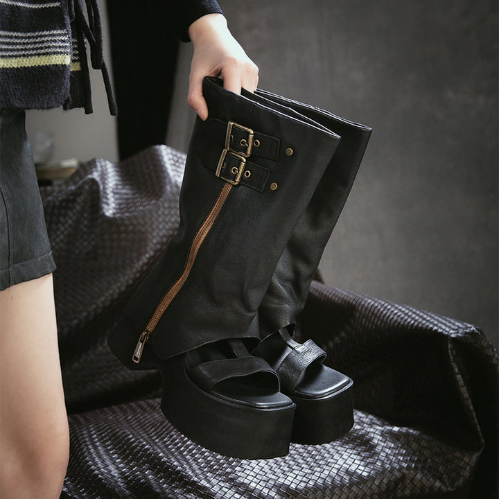 Sandales bottes gladiateur à plateforme pour femmes, bout ouvert, mi-mollet, avec boucle en noir/marron
