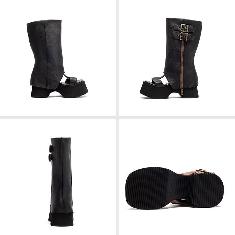 Sandales bottes gladiateur à plateforme pour femmes, bout ouvert, mi-mollet, avec boucle en noir/marron