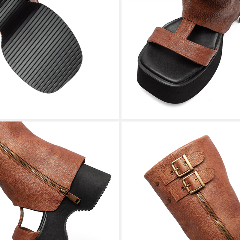 Sandales bottes gladiateur à plateforme pour femmes, bout ouvert, mi-mollet, avec boucle en noir/marron