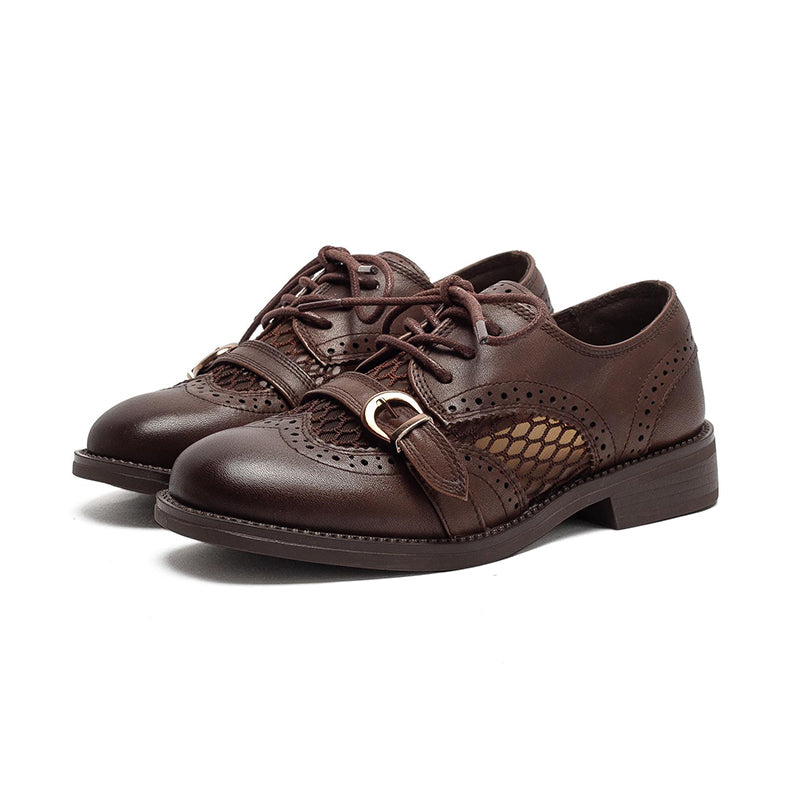Chaussures Oxford respirantes en cuir brogue vintage à lacets et boucle décontractées en noir/marron