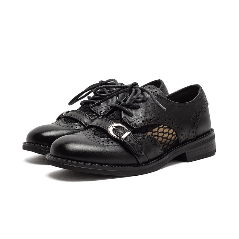 Chaussures Oxford respirantes en cuir brogue vintage à lacets et boucle décontractées en noir/marron