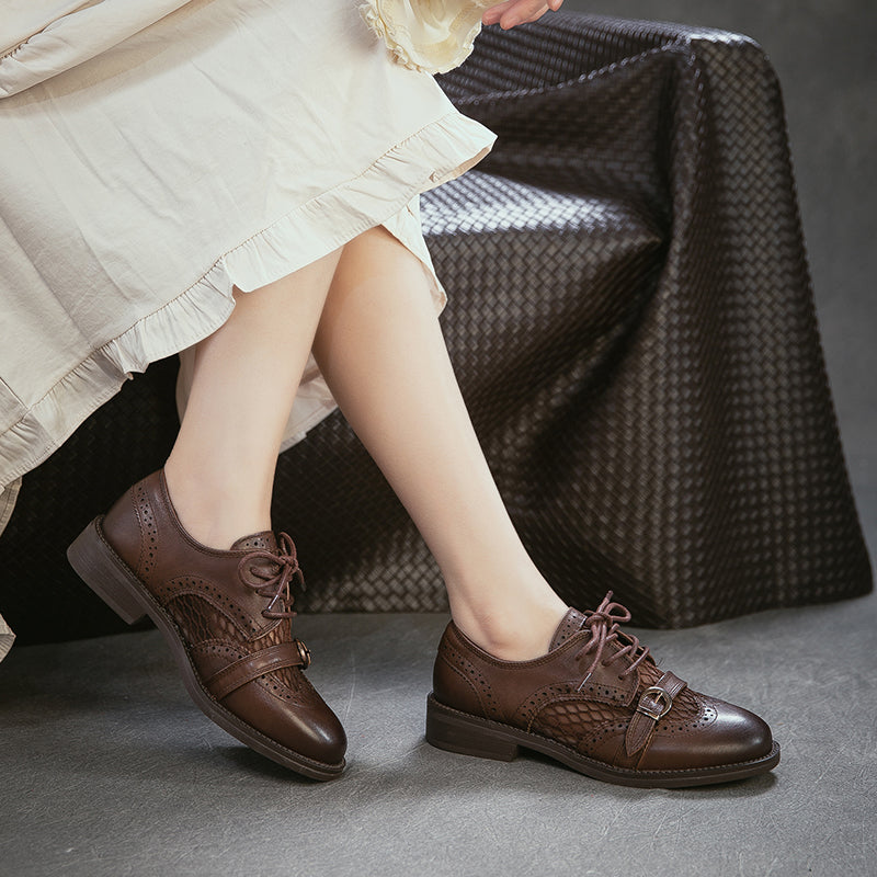 Chaussures Oxford respirantes en cuir brogue vintage à lacets et boucle décontractées en noir/marron