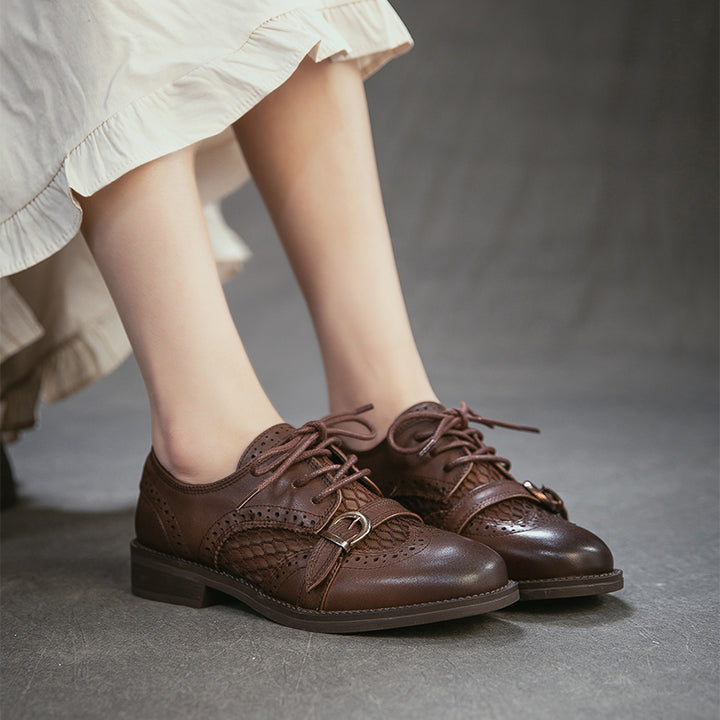 Chaussures Oxford respirantes en cuir brogue vintage à lacets et boucle décontractées en noir/marron