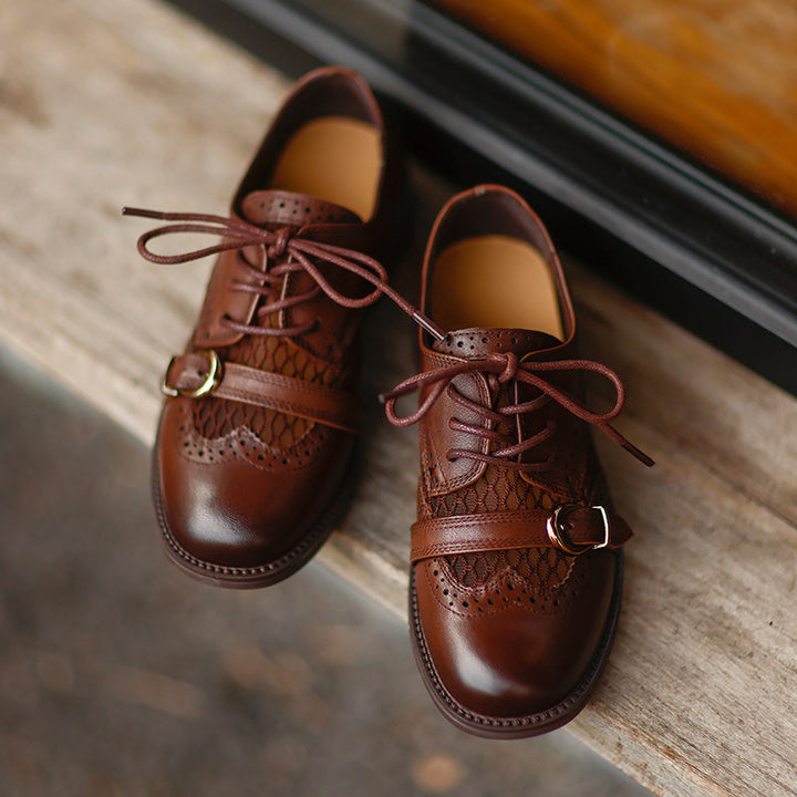 Chaussures Oxford respirantes en cuir brogue vintage à lacets et boucle décontractées en noir/marron