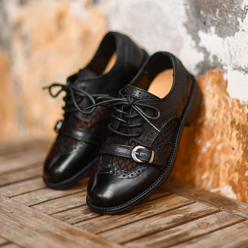 Chaussures Oxford respirantes en cuir brogue vintage à lacets et boucle décontractées en noir/marron