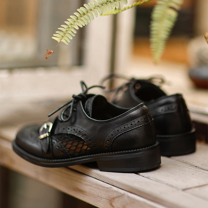 Chaussures Oxford respirantes en cuir brogue vintage à lacets et boucle décontractées en noir/marron