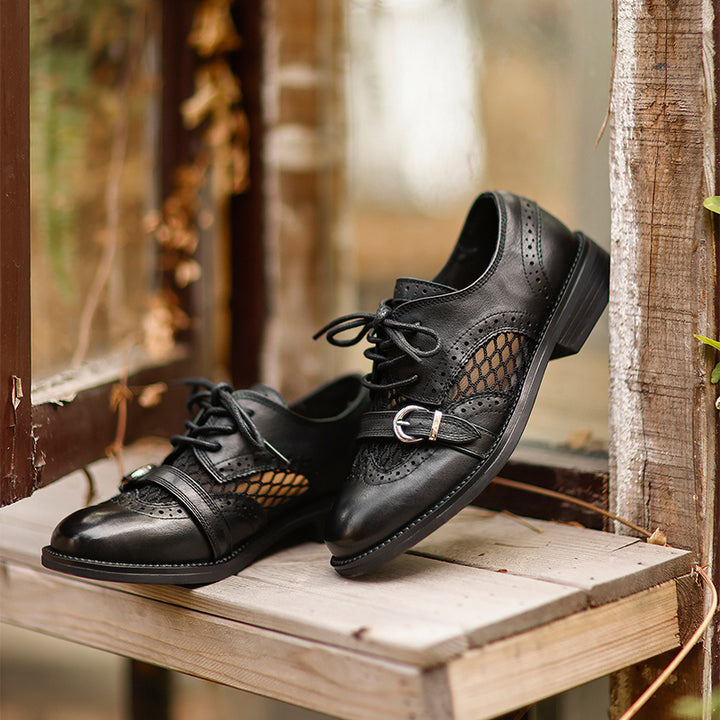 Chaussures Oxford respirantes en cuir brogue vintage à lacets et boucle décontractées en noir/marron