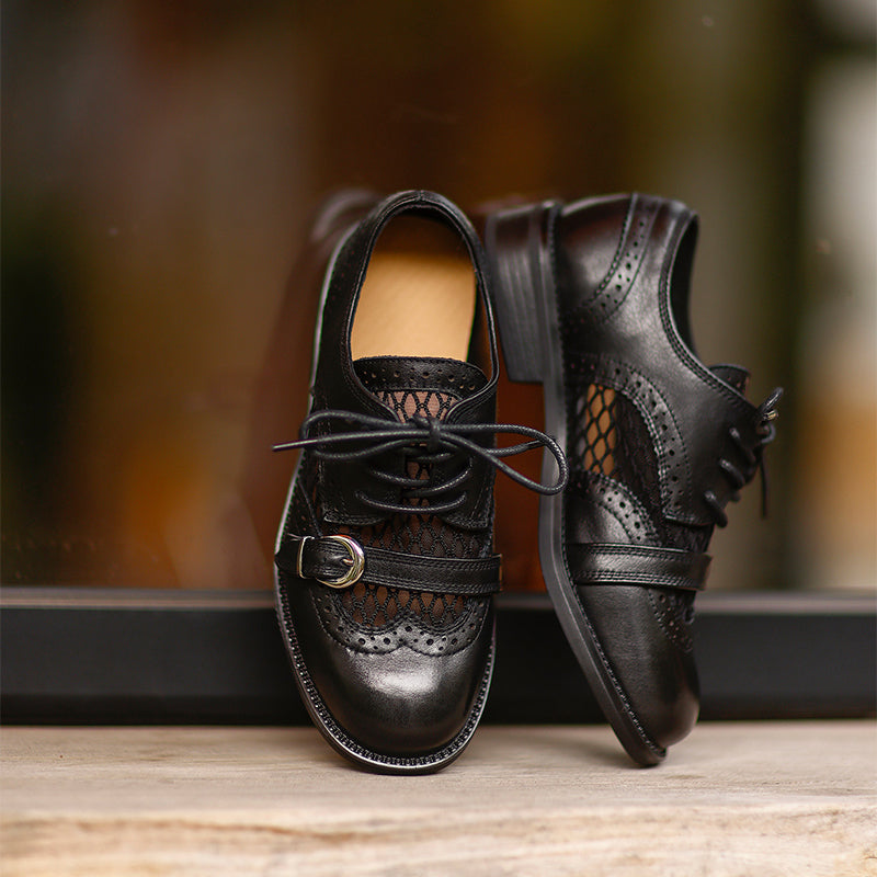 Chaussures Oxford respirantes en cuir brogue vintage à lacets et boucle décontractées en noir/marron