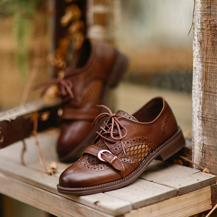 Chaussures Oxford respirantes en cuir brogue vintage à lacets et boucle décontractées en noir/marron