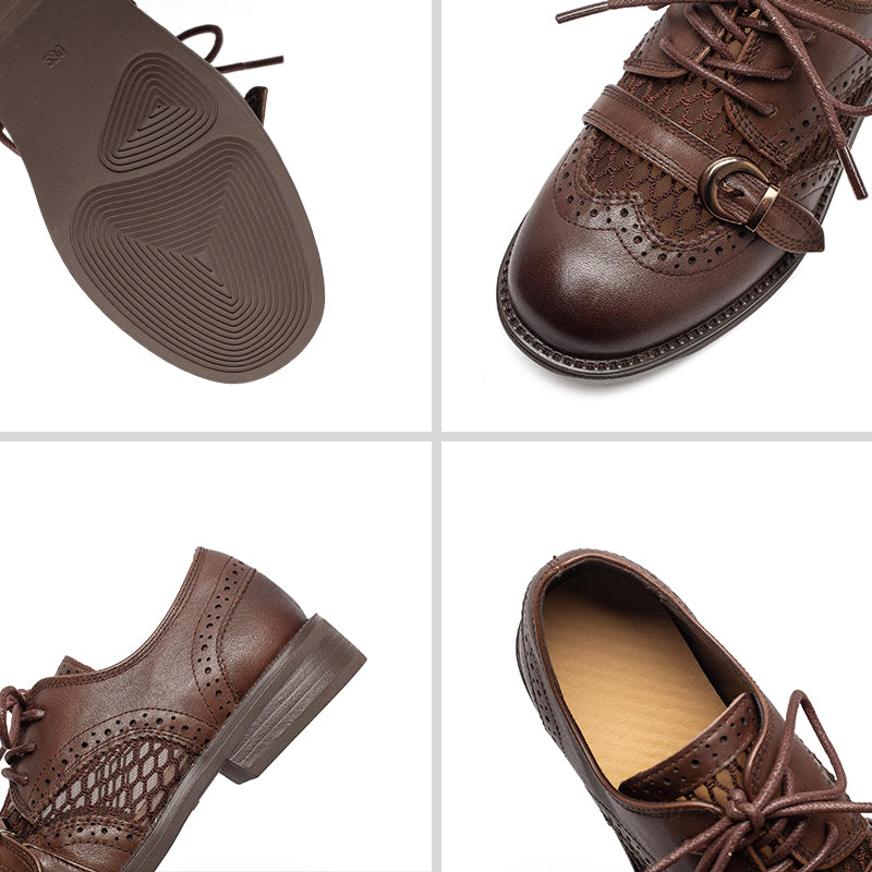 Chaussures Oxford respirantes en cuir brogue vintage à lacets et boucle décontractées en noir/marron