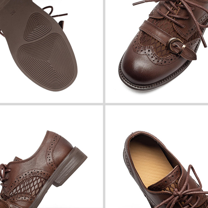 Chaussures Oxford respirantes en cuir brogue vintage à lacets et boucle décontractées en noir/marron