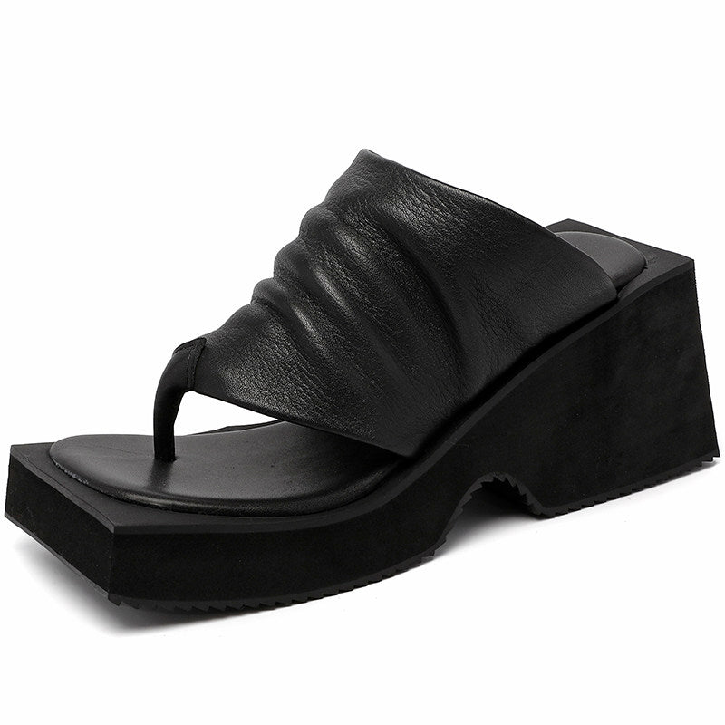 Sandales à plateforme en cuir de vache rétro, 80 mm, avec lanière entre les orteils pour femmes en noir/marron