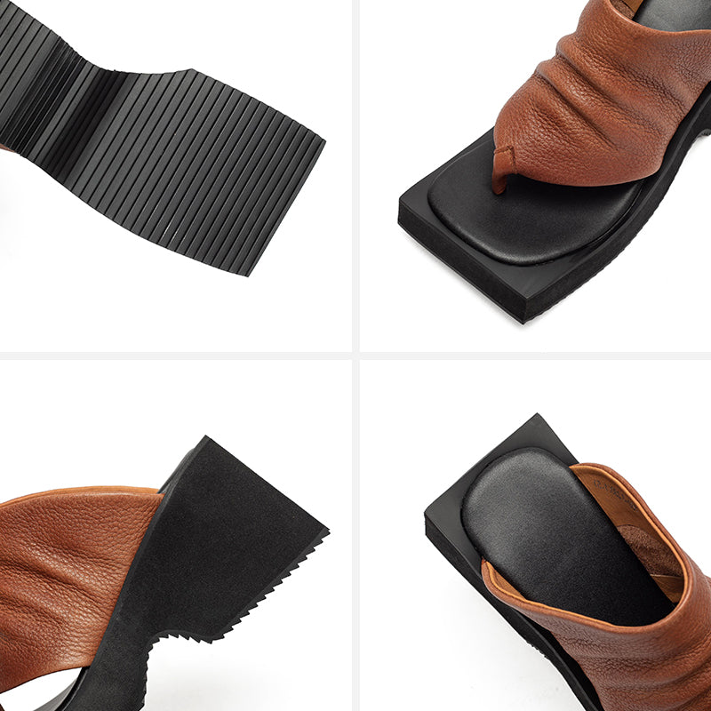Sandales à plateforme en cuir de vache rétro, 80 mm, avec lanière entre les orteils pour femmes en noir/marron