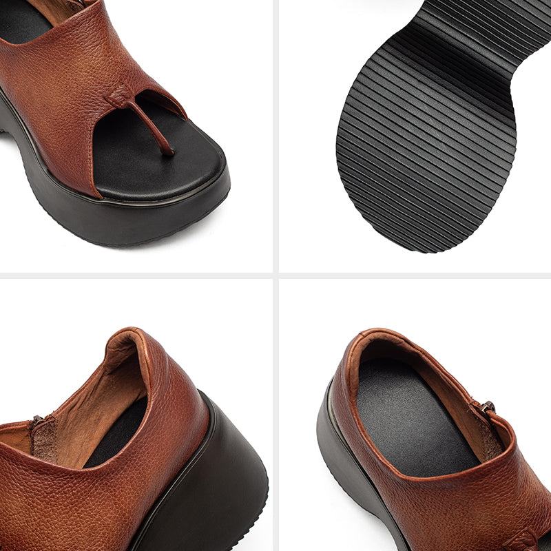 Sandales à plateforme en cuir rétro avec lanière entre les orteils et fermeture éclair sur le côté en noir/marron