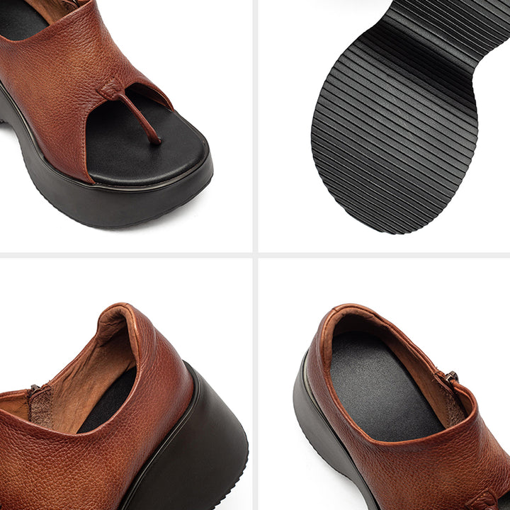 Sandales à plateforme en cuir rétro avec lanière entre les orteils et fermeture éclair sur le côté en noir/marron