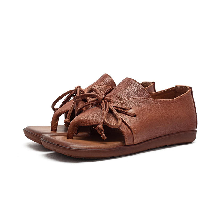 Sandales plates en cuir rétro à lanière entre les orteils, à lacets, en cuir de vache décontractées pour l&