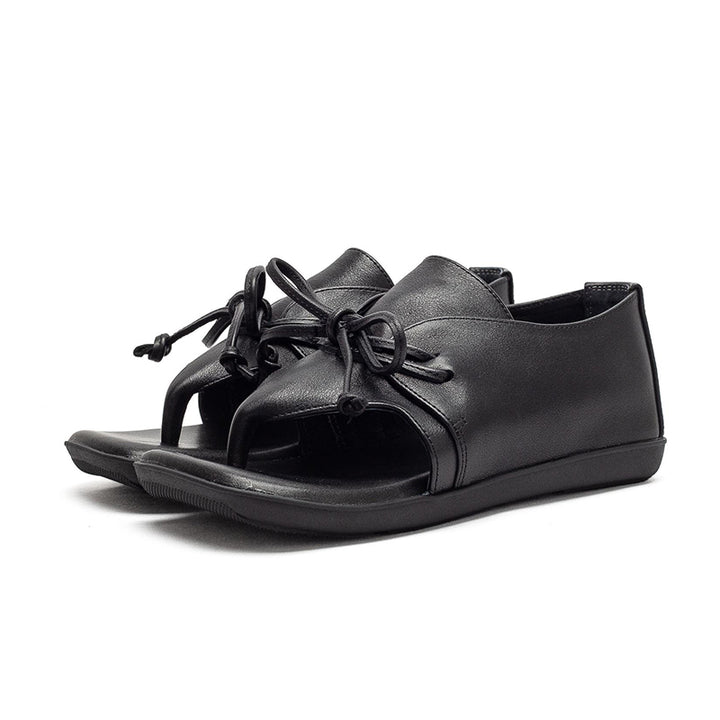 Sandales plates en cuir rétro à lanière entre les orteils, à lacets, en cuir de vache décontractées pour l&