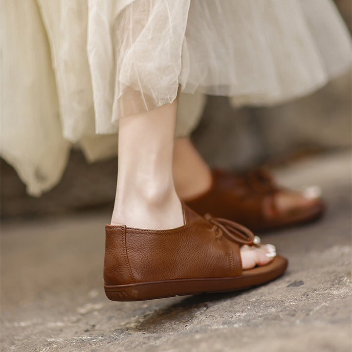 Sandales plates en cuir rétro à lanière entre les orteils, à lacets, en cuir de vache décontractées pour l&