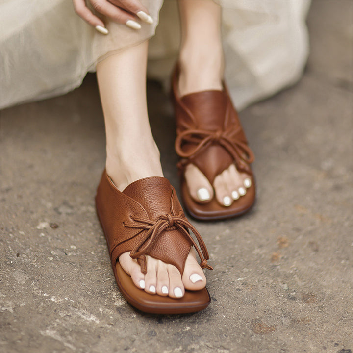 Sandales plates en cuir rétro à lanière entre les orteils, à lacets, en cuir de vache décontractées pour l&