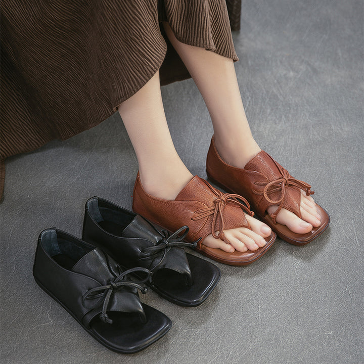 Sandales plates en cuir rétro à lanière entre les orteils, à lacets, en cuir de vache décontractées pour l&