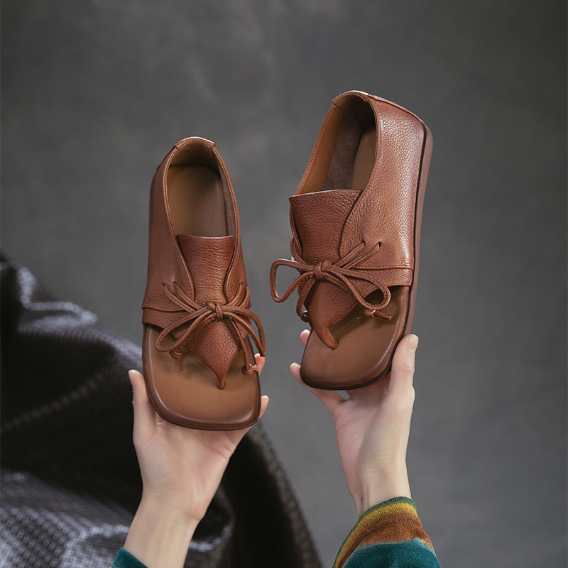 Sandales plates en cuir rétro à lanière entre les orteils, à lacets, en cuir de vache décontractées pour l&