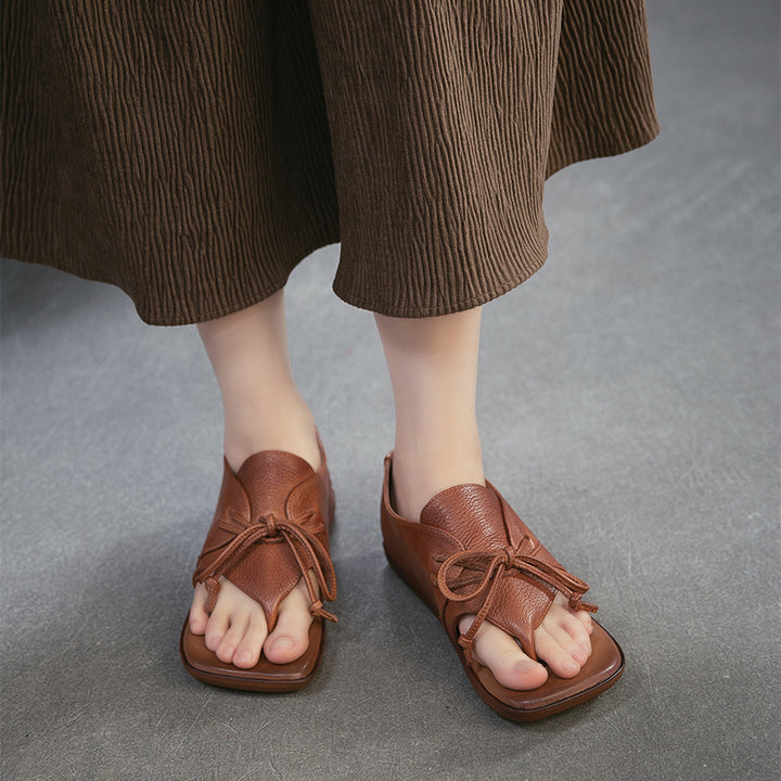 Sandales plates en cuir rétro à lanière entre les orteils, à lacets, en cuir de vache décontractées pour l&