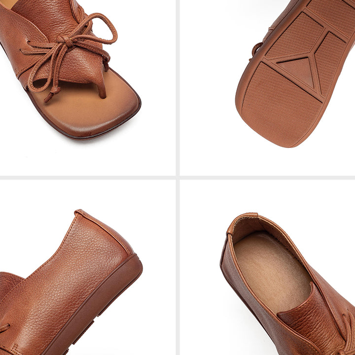 Sandales plates en cuir rétro à lanière entre les orteils, à lacets, en cuir de vache décontractées pour l&