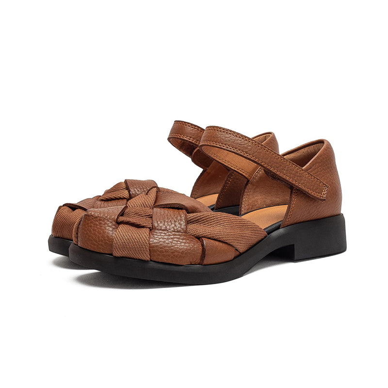 Sandales Mary Jane tissées rétro à bout fermé en cuir avec velcro pour femmes en noir/marron