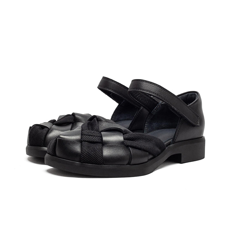 Sandales Mary Jane tissées rétro à bout fermé en cuir avec velcro pour femmes en noir/marron